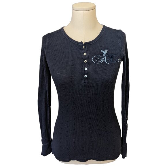 Y2K American Eagle Waffle Knit Henley Top Embroidered Polka Dot Bella Swan Sz S - Picture 2 of 11